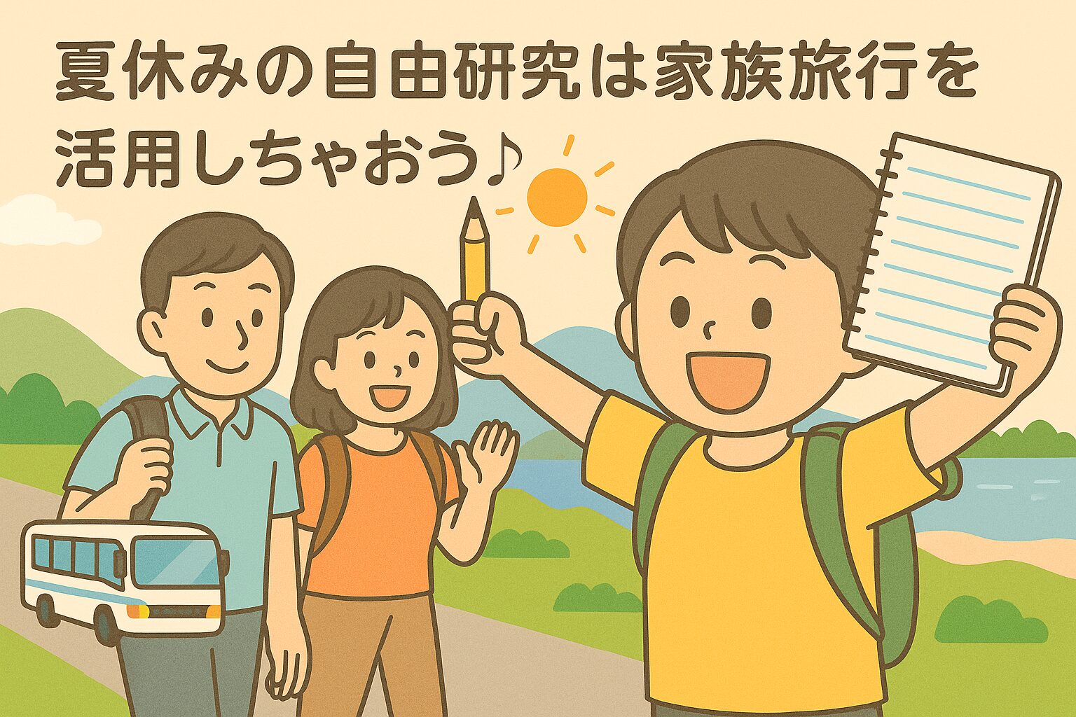 夏休みの家族旅行を楽しむ様子の親子。小学生の子供は旅行記を作成している。