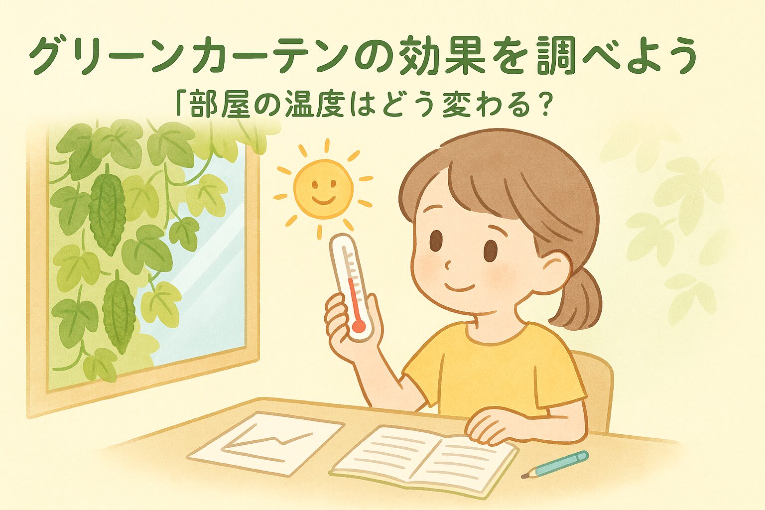 グリーンカーテンと部屋の温度を調べる自由研究中の子どものイラスト