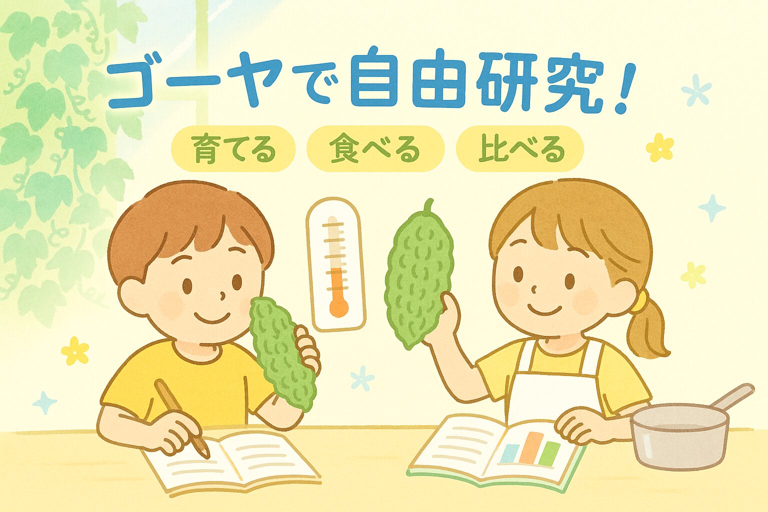 小学生の自由研究に取り組む子どもたちとゴーヤのイラスト