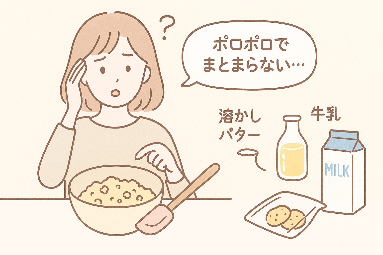 パサパサでまとまらないクッキー生地に困る女性と、対処法のヒントになる材料のイラスト