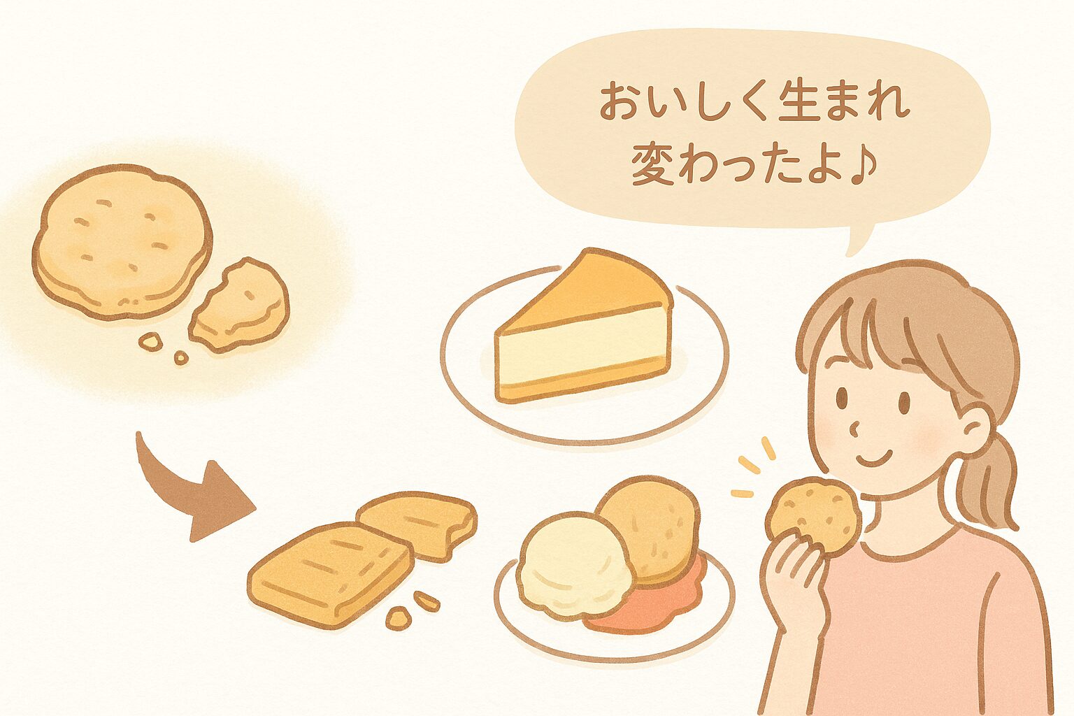 パサパサになったクッキーをチーズケーキやラスクにリメイクする様子を描いたイラスト