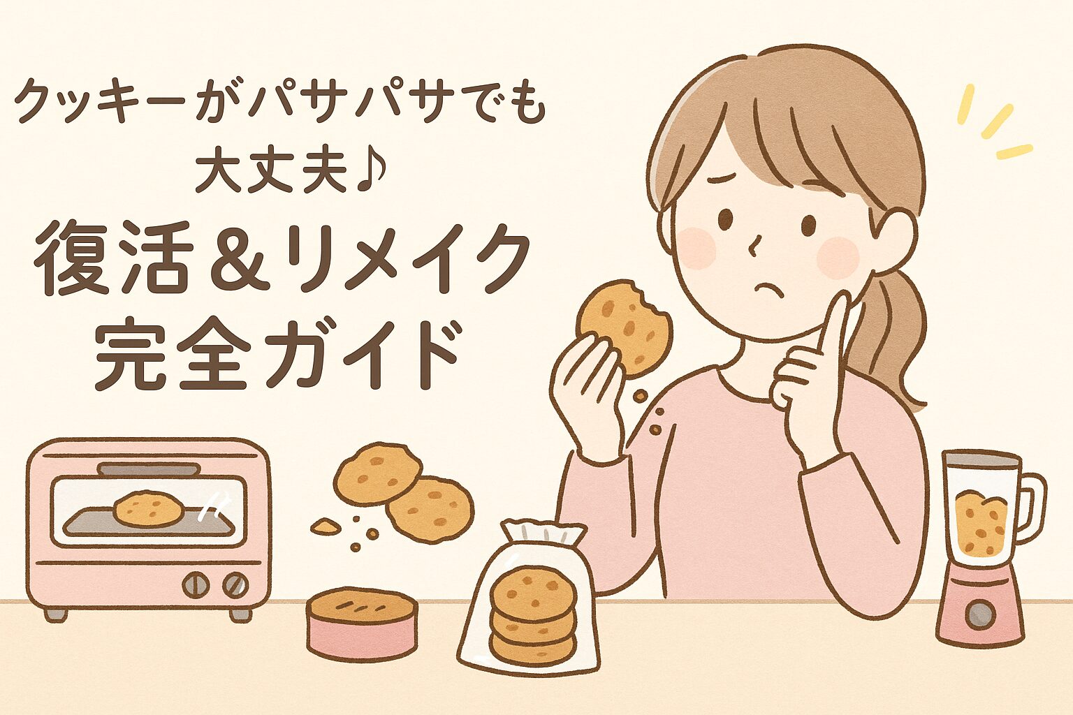 パサパサになったクッキーを見つめる女性と、復活・リメイクのヒントを示すイラスト