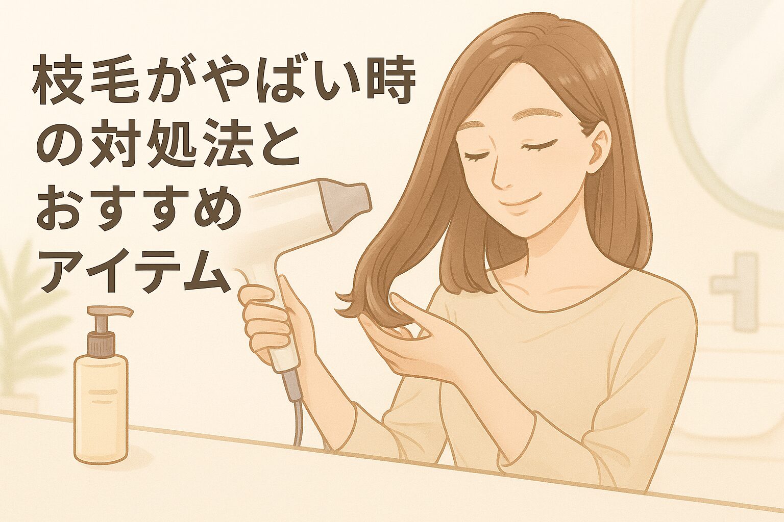 枝毛ケアのためにトリートメントとドライヤーを使う女性のイラスト