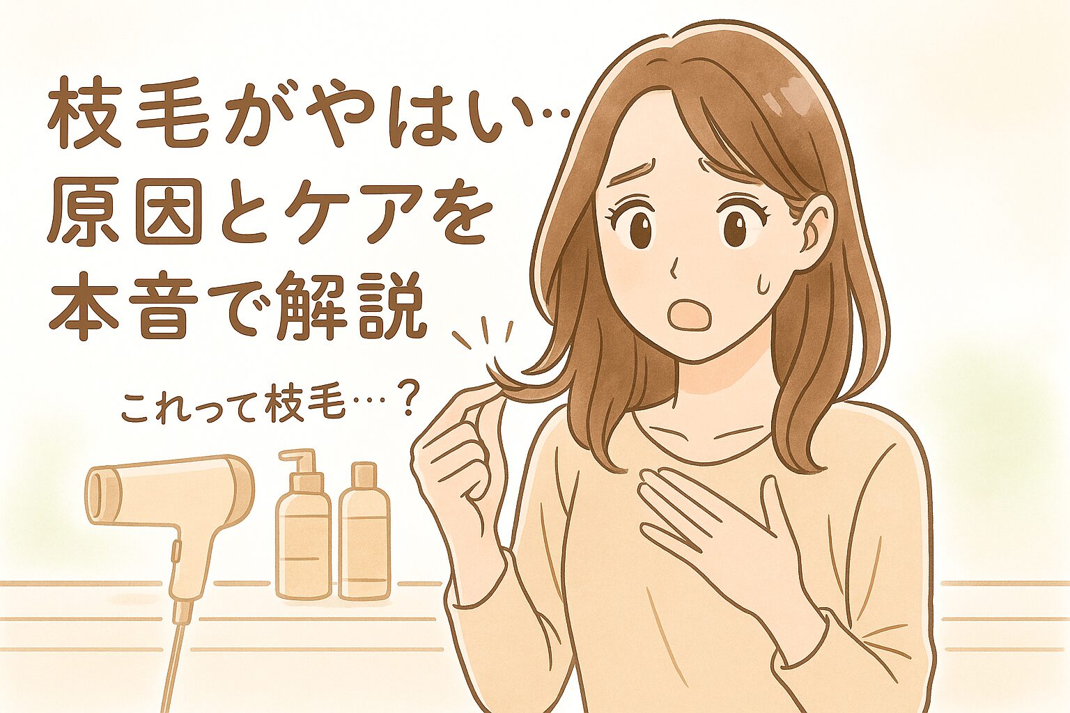 枝毛に気づいて驚く女性のイラスト