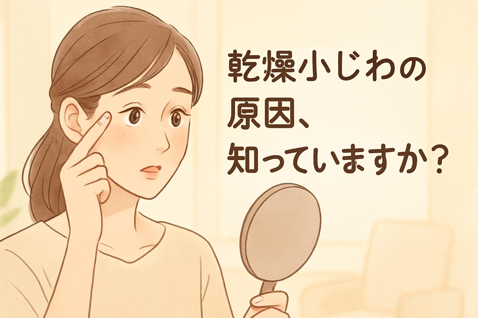 乾燥小じわに気づき始めた女性が鏡を見て目元を気にしているイラスト