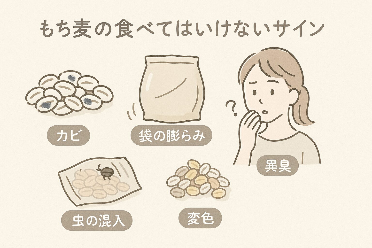 カビや変色、袋の膨らみなど「もち麦の食べてはいけないサイン」をまとめた図解イラスト