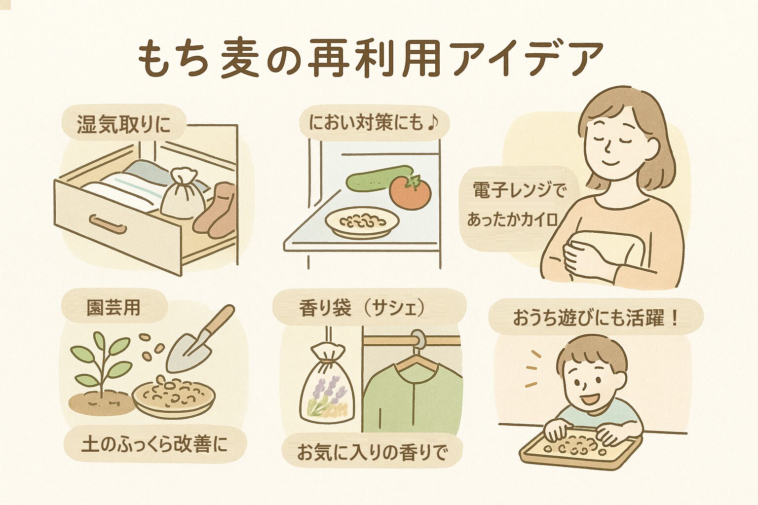 乾燥剤・カイロ・園芸・香り袋・子どもの遊びなど、もち麦の再利用アイデアをまとめた図解イラスト