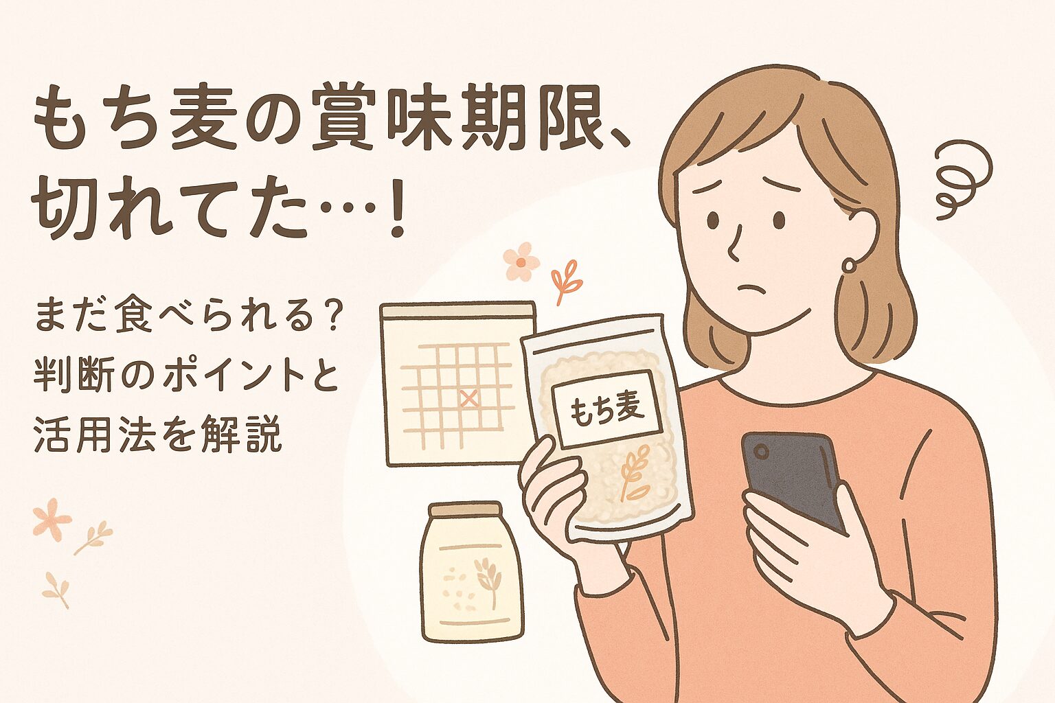 賞味期限切れのもち麦を手にして、食べるか迷っている主婦のイラスト
