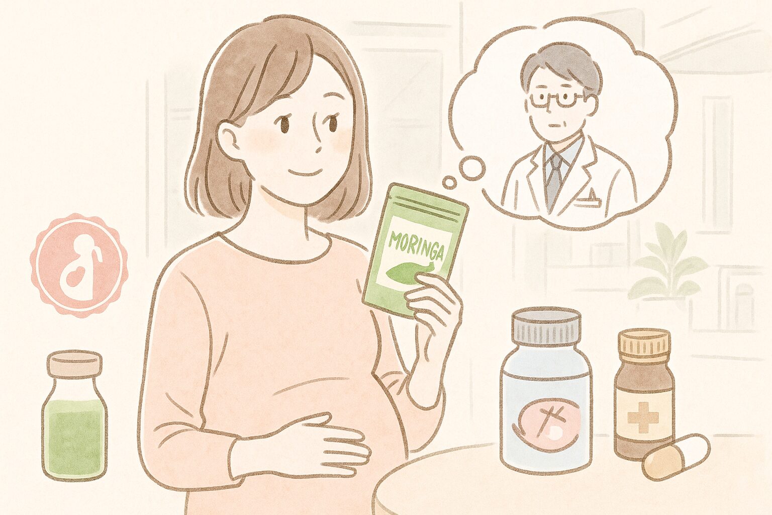 妊娠中の女性がモリンガパウダーを手に、医師に相談しようとする様子を描いたイラスト