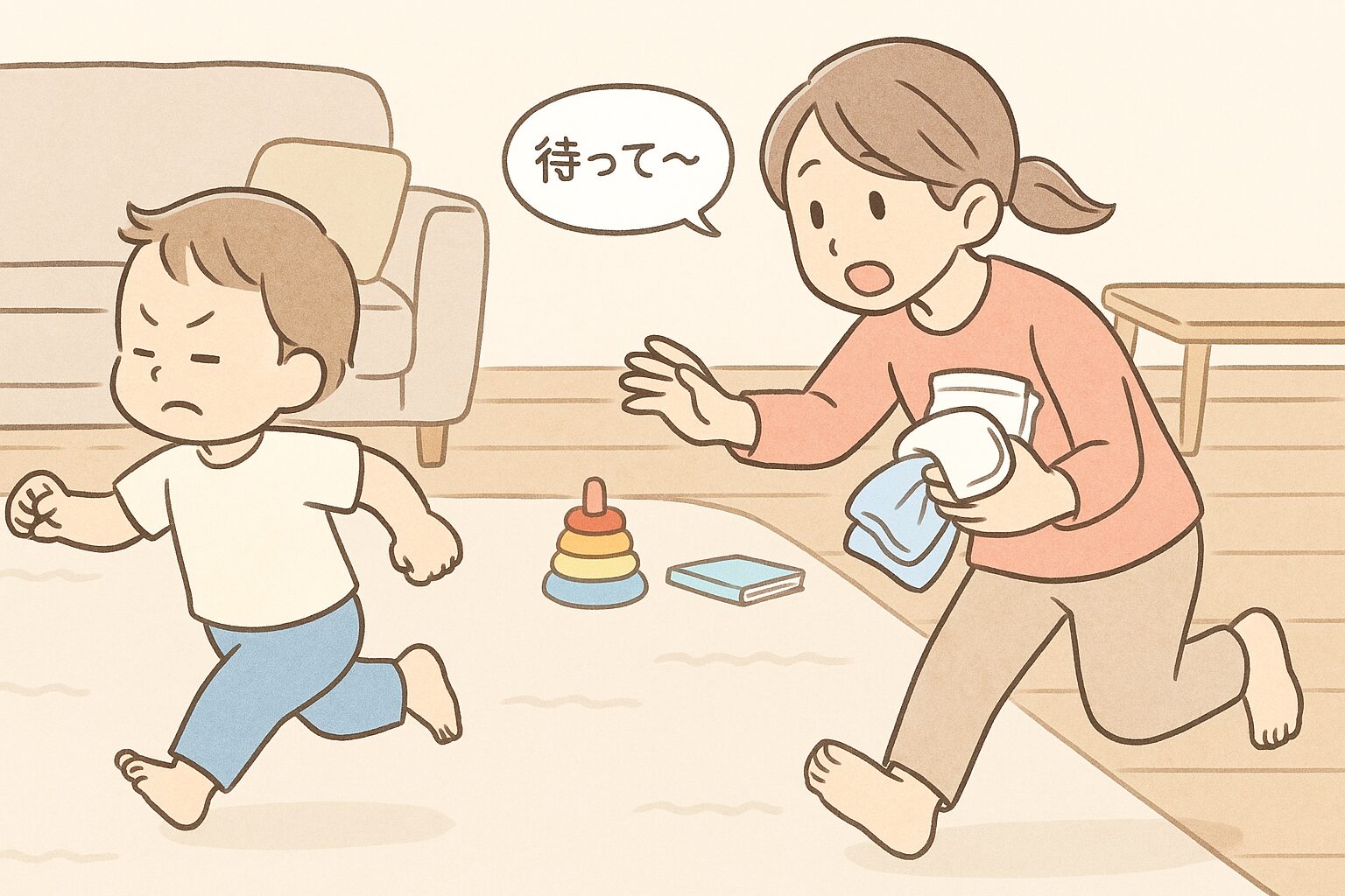 オムツ替えを嫌がって走って逃げる2歳児と、追いかけるママのイラスト