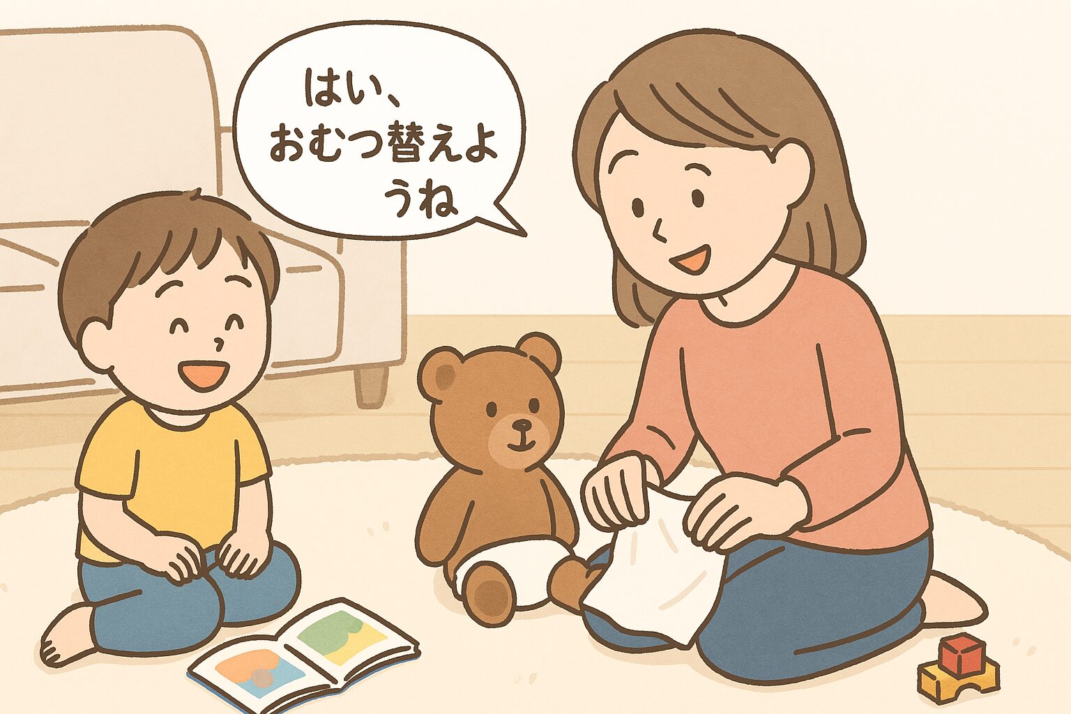 ぬいぐるみを使っておむつ替えごっこをするママと、笑って見ている子どものイラスト