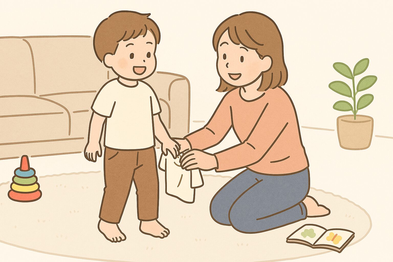 立ったまま子どもの着替えをサポートする母親のイラスト(オムツ替えをイメージ)