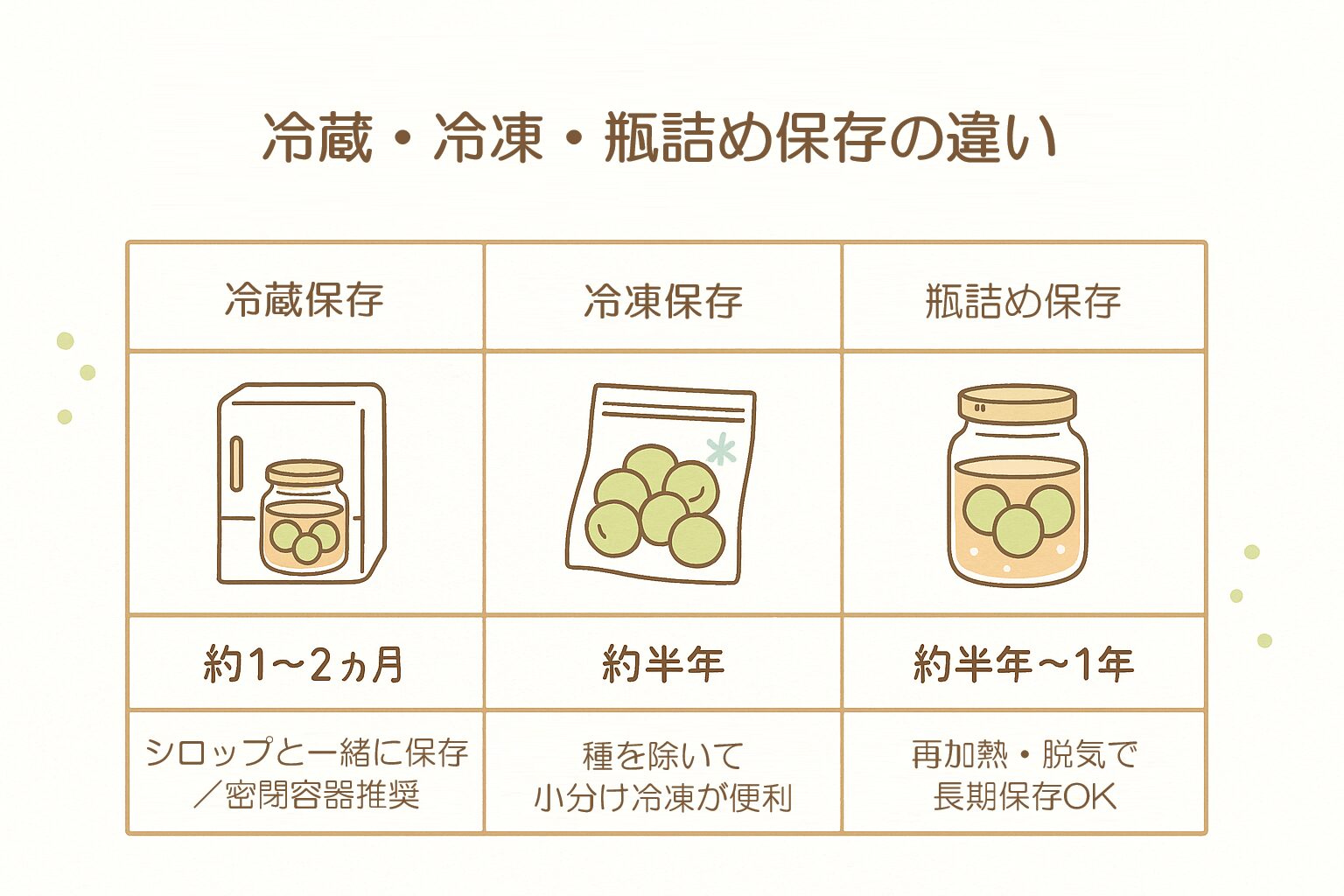 梅シロップの梅を冷蔵・冷凍・瓶詰めで保存する方法と日持ち期間を比較した図解。やさしい色合いのイラストスタイル。