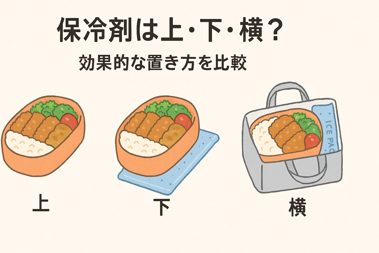 保冷剤をお弁当箱の上・下・横に置いた場合の比較図