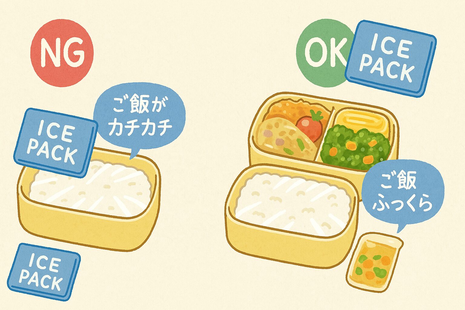 ご飯が冷えすぎて固くなるNG配置と、ふっくら保つ工夫のイラスト