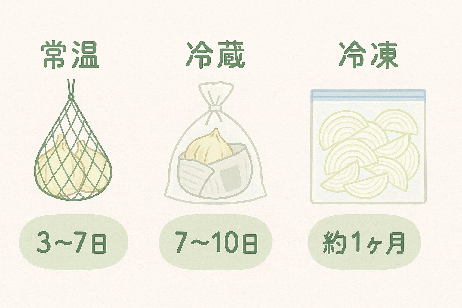 新玉ねぎの保存方法別に日持ちの目安を図解したイラスト