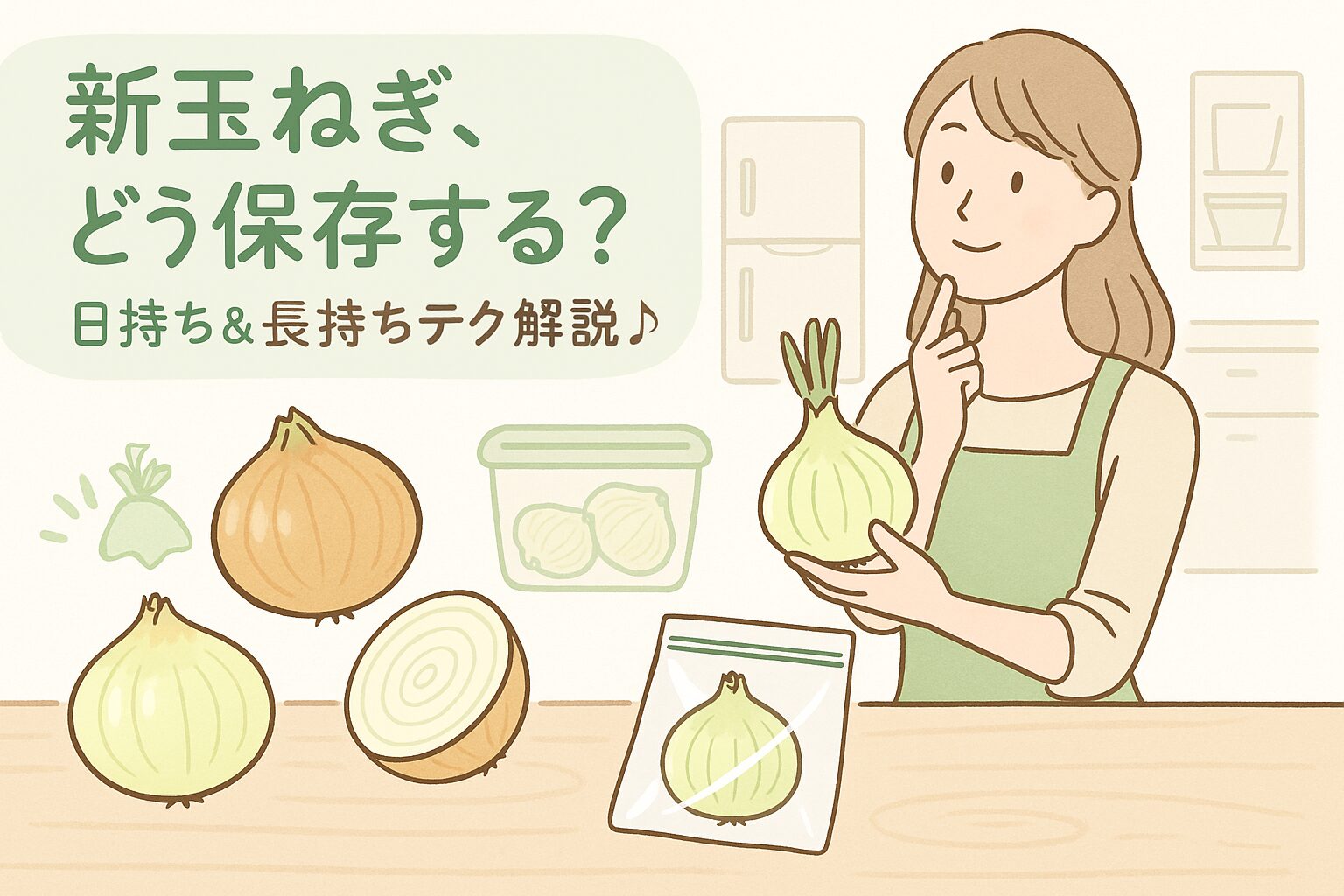 新玉ねぎの保存に悩む女性がキッチンで考えている様子を描いたイラスト