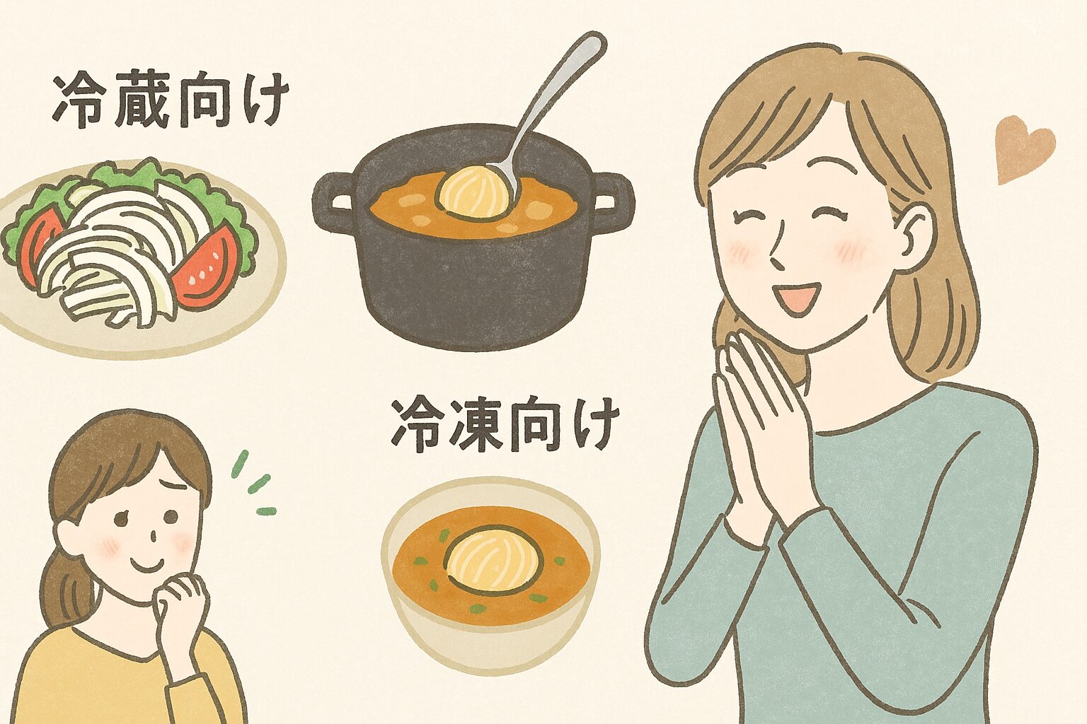 保存した新玉ねぎをレシピに活用する様子を描いたイラスト