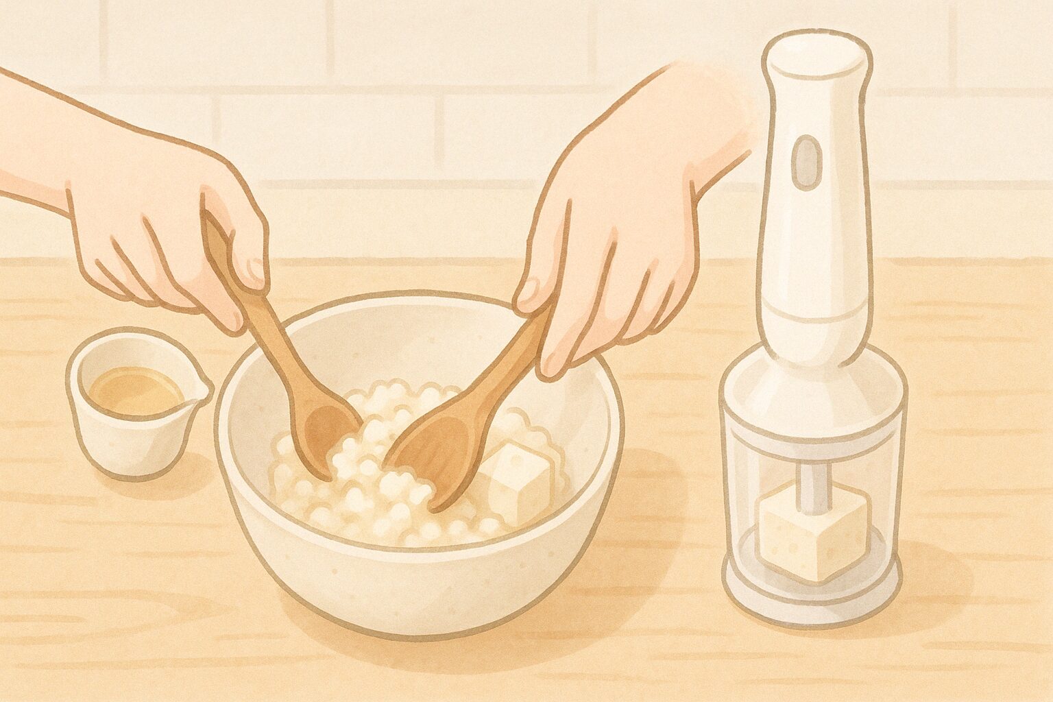 離乳食用に豆腐をなめらかにすりつぶし、だしでのばしてペースト状にしている様子
