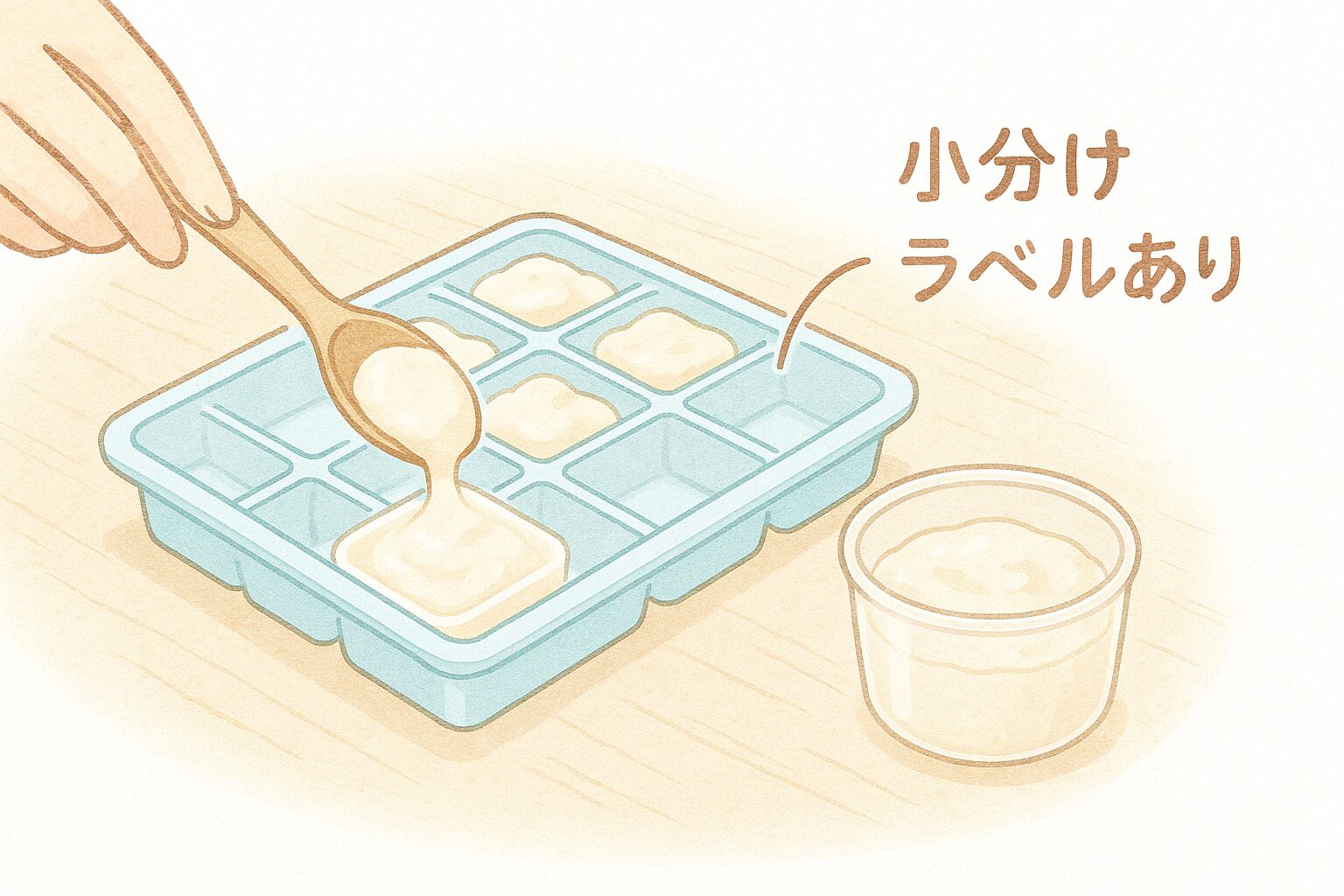 離乳食用の豆腐ペーストをフリージングトレーに小分けして冷凍する様子