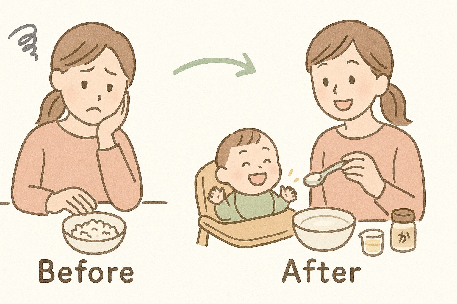 パサついた冷凍豆腐に困っているママと、なめらかに戻して赤ちゃんが笑顔になるBefore・Afterイラスト