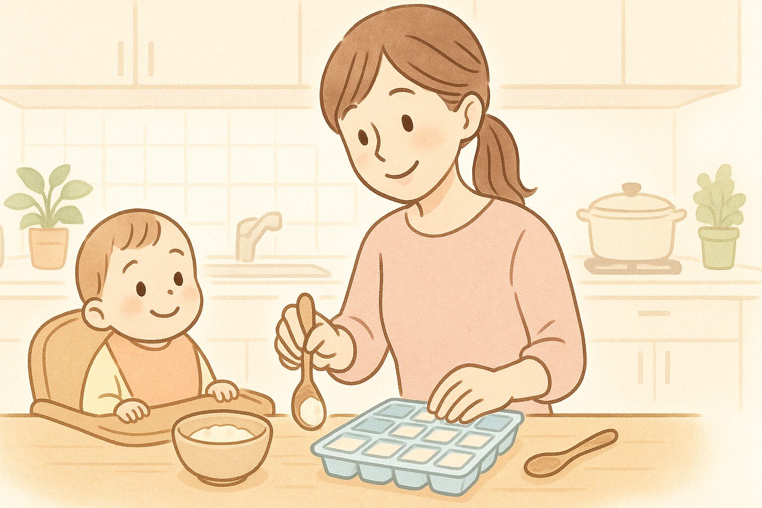 離乳食用に豆腐をペースト状にして小分け冷凍するママと赤ちゃんの様子