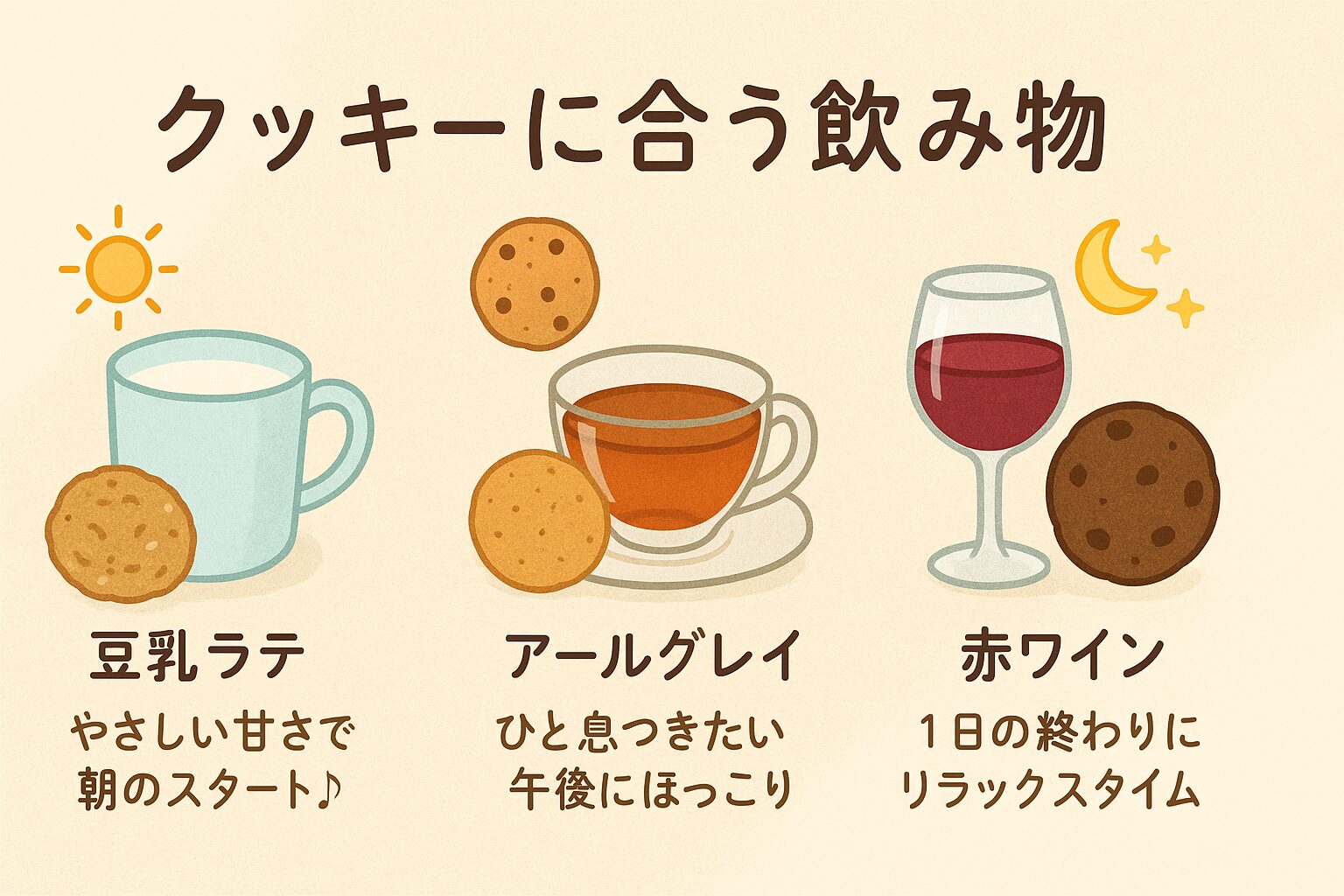 朝・昼・夜それぞれに合うクッキーと飲み物の組み合わせイラスト（豆乳ラテ・紅茶・赤ワイン）