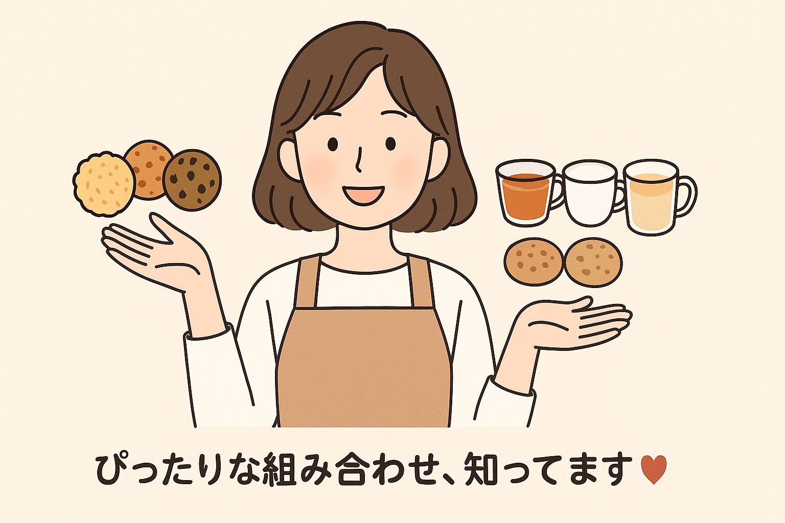 女性がクッキーと飲み物の相性を紹介しているイラスト