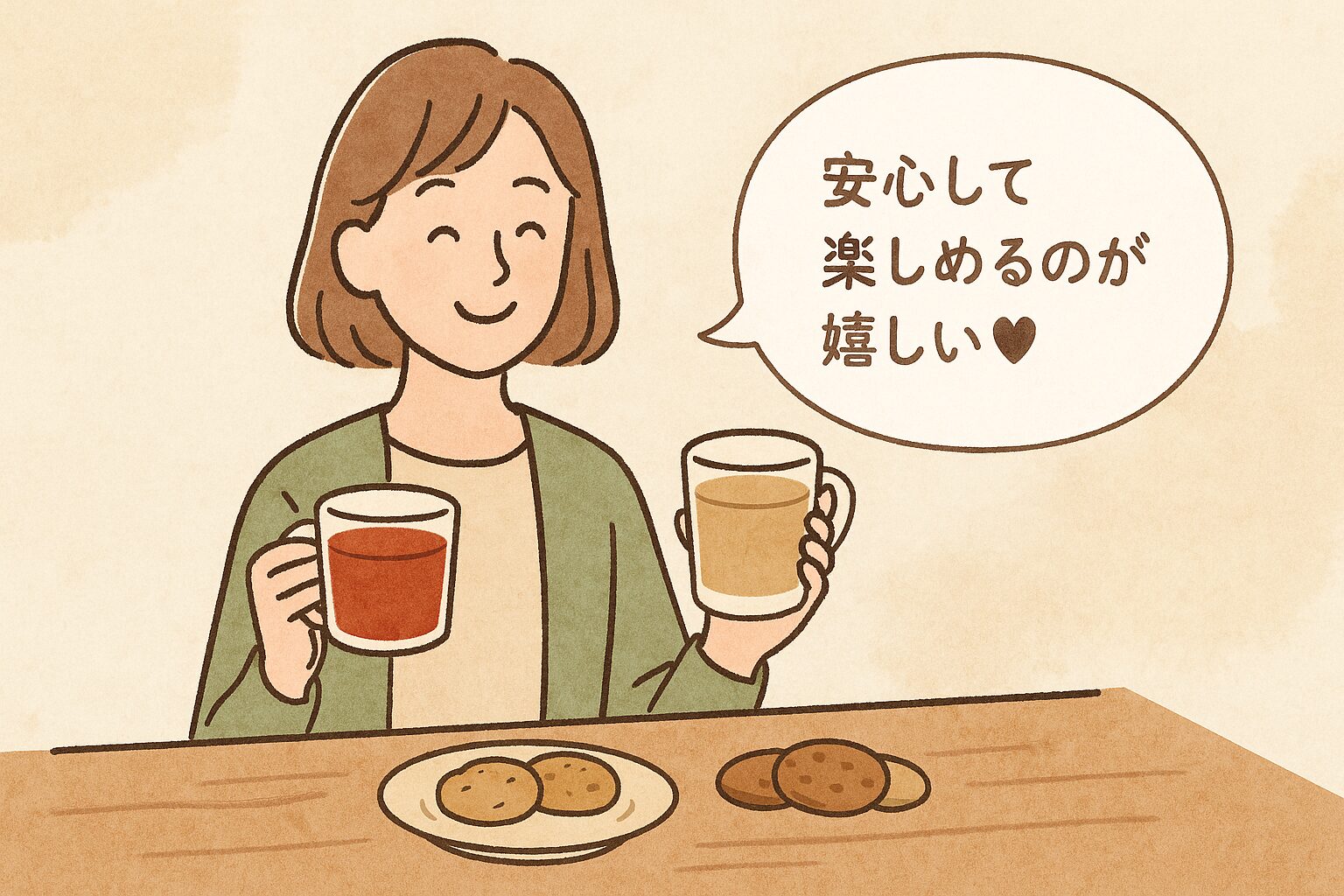 健康を気にする女性がノンカフェインの飲み物とクッキーを楽しんでいるイラスト