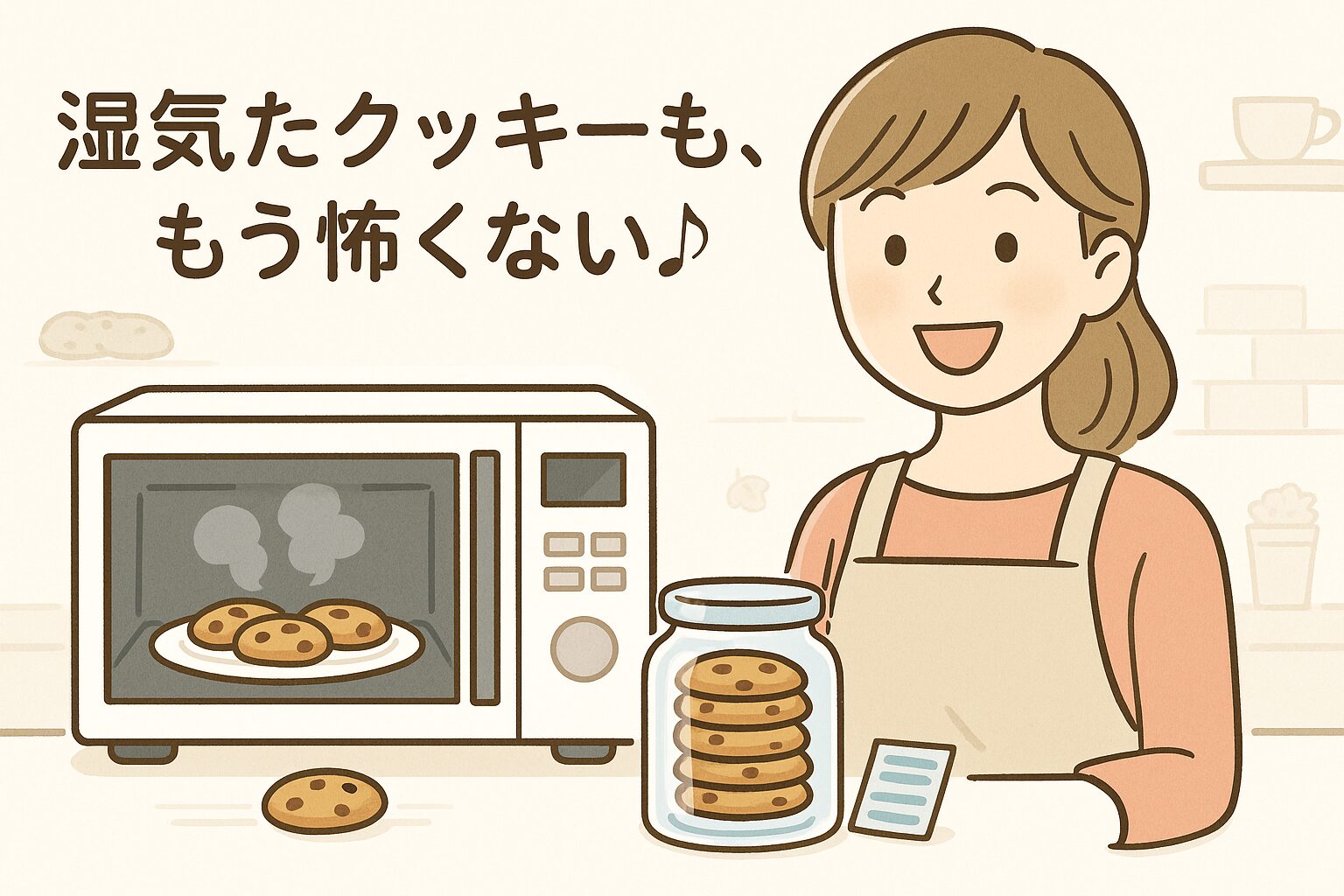 湿気たクッキーを再加熱＆保存する女性のイメージイラスト