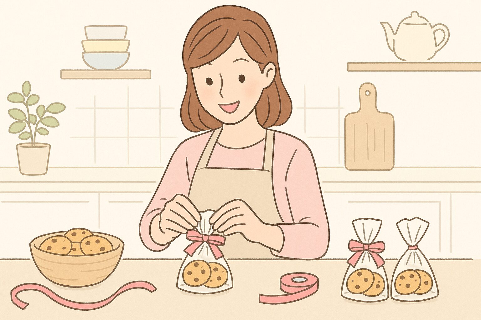 女性が楽しそうに、クッキーを可愛くラッピングしている様子