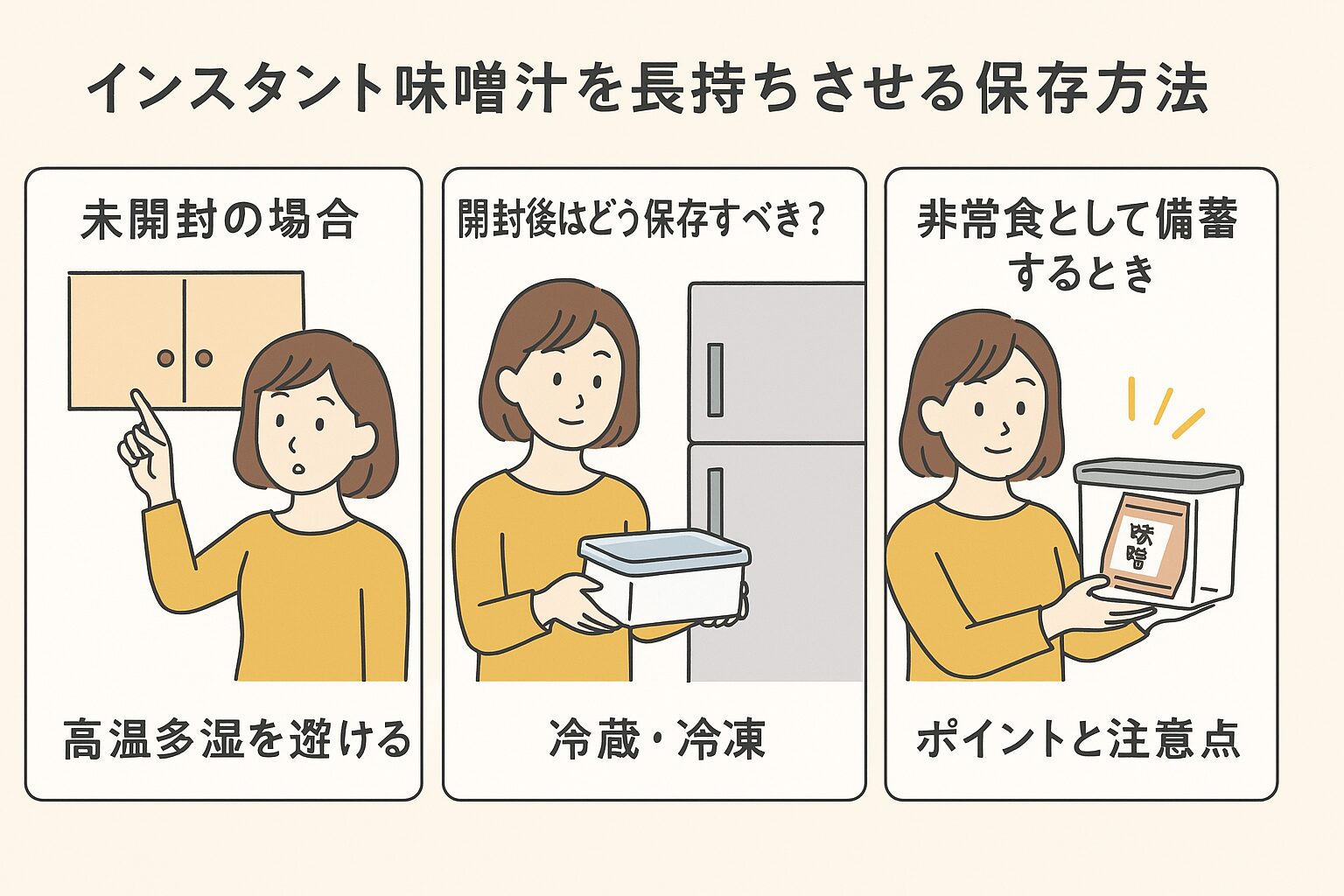 インスタント味噌汁の保存方法を説明する女性イメージ