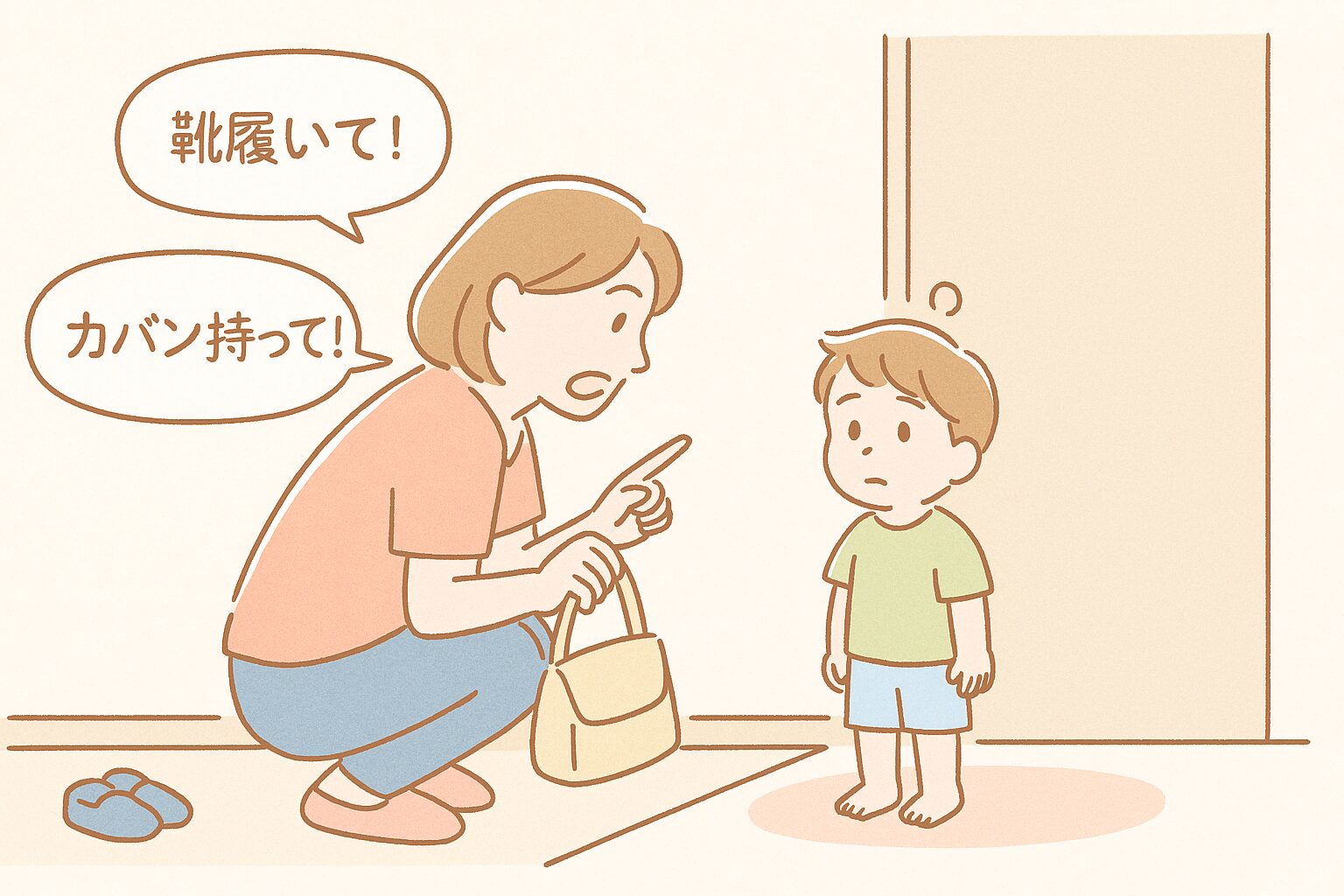 ママが複数の指示を伝えているが、子どもは混乱して動けない様子のイラスト