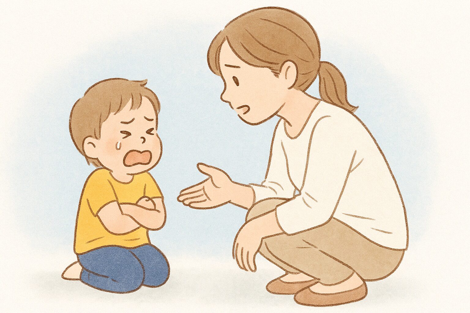 泣いている子どもにママが言葉をかけているが、届いていない様子のイラスト