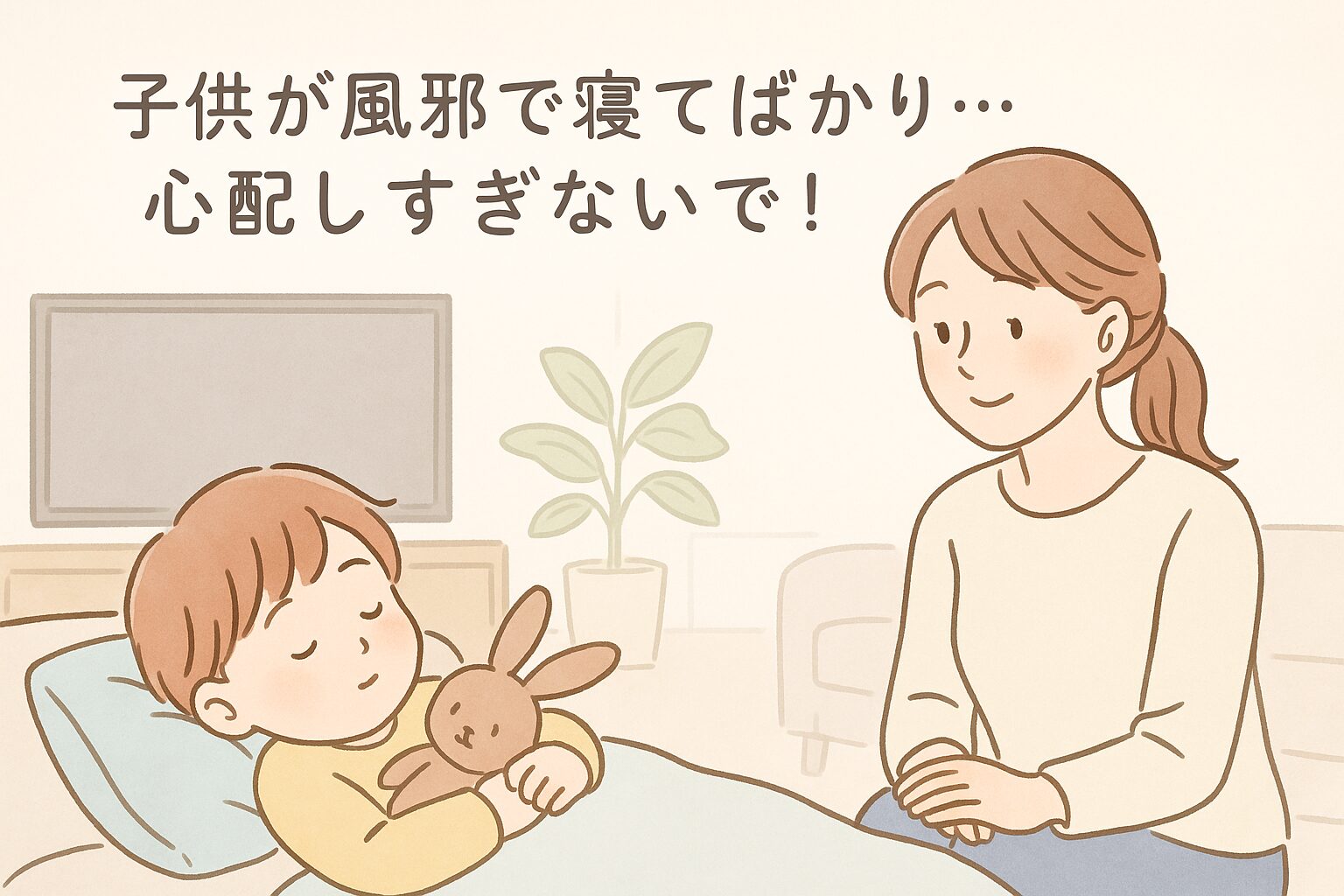 子どもが風邪で寝てばかりで心配。子供がソファで眠り、ママがやさしく見守っている様子のイラスト