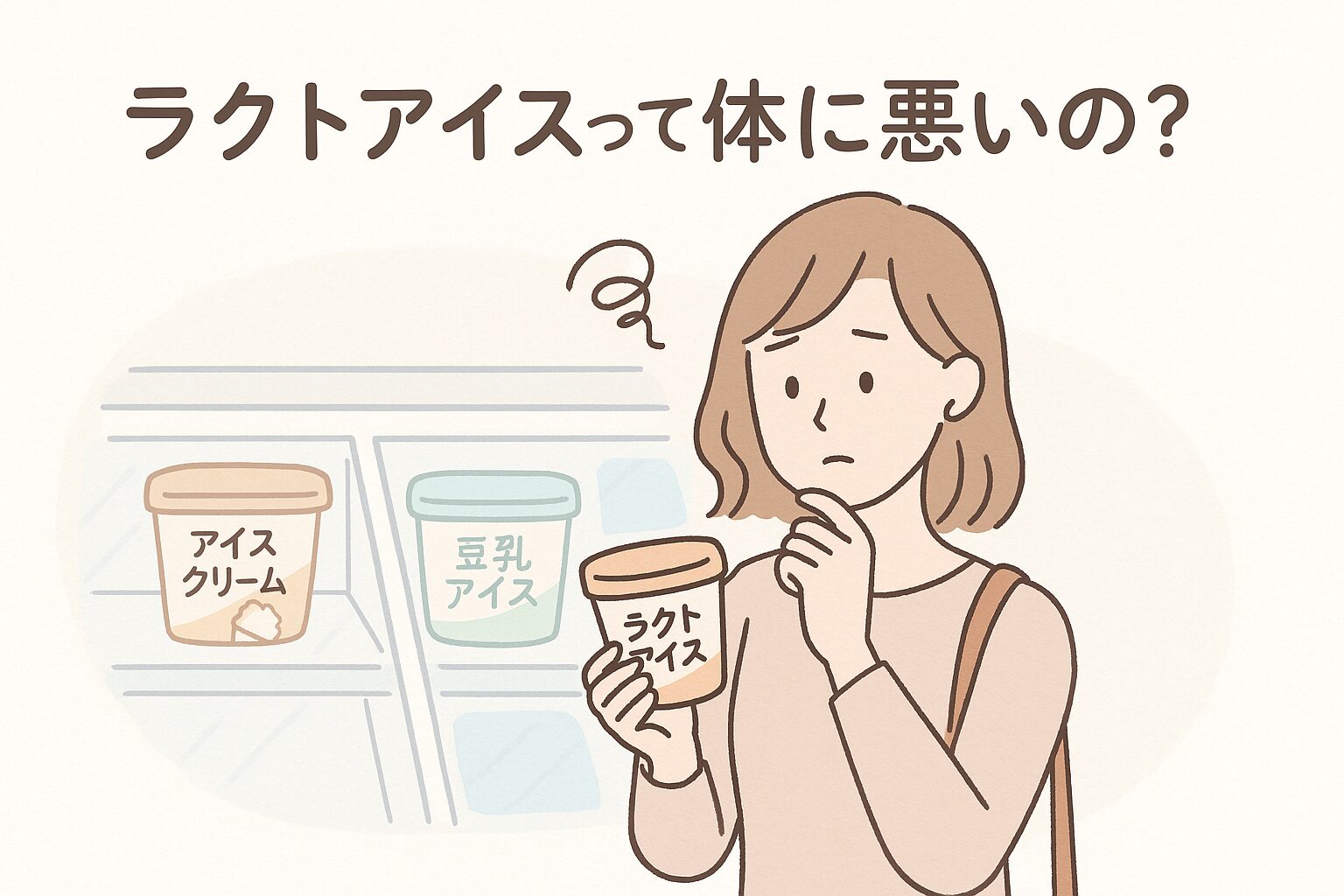アイス売り場でラクトアイスを手に取り、成分を気にする女性のイラスト