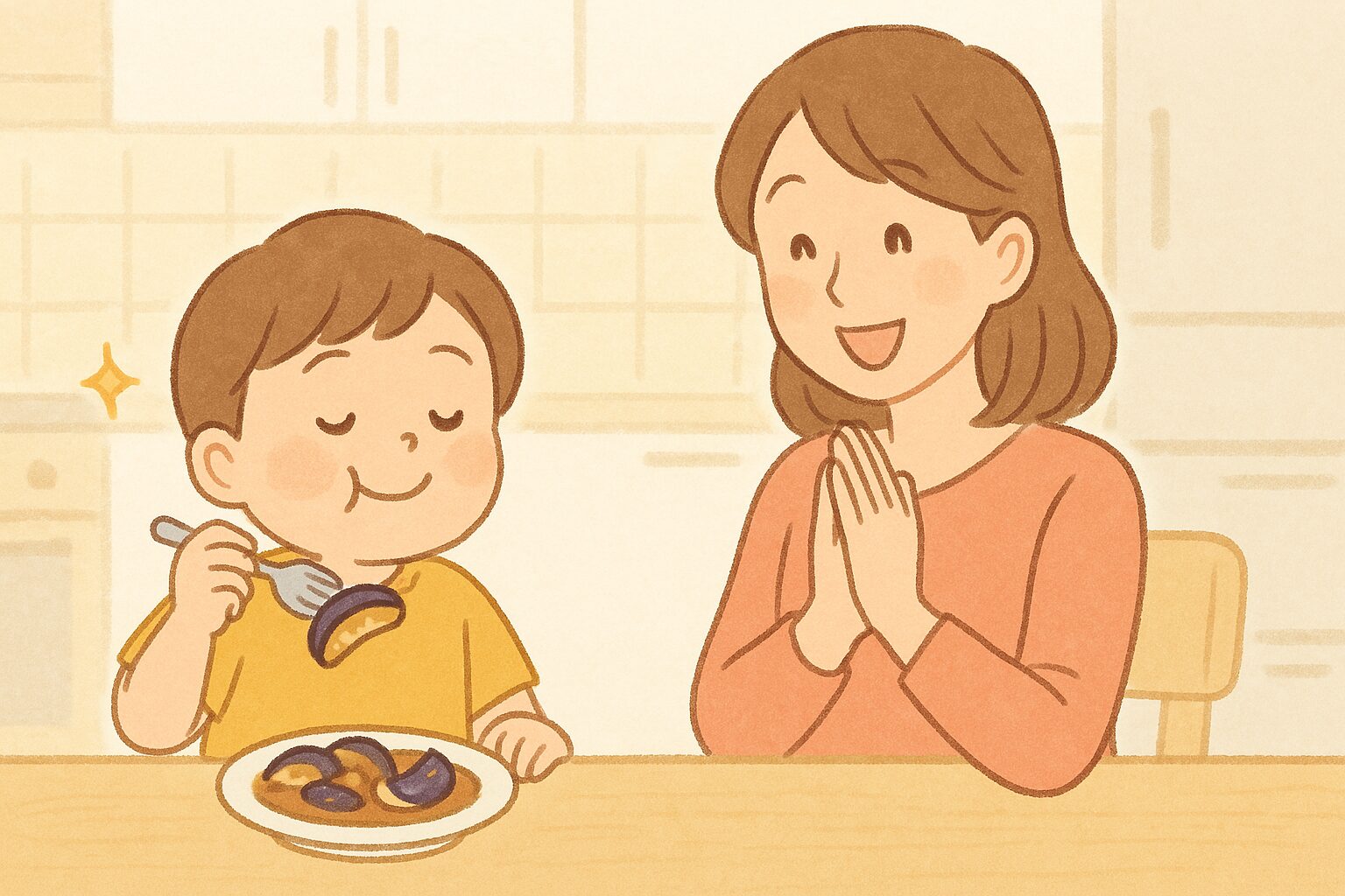 ナスが苦くない!美味しそうに食べる子どもと、うれしそうに見守る母親のイラスト