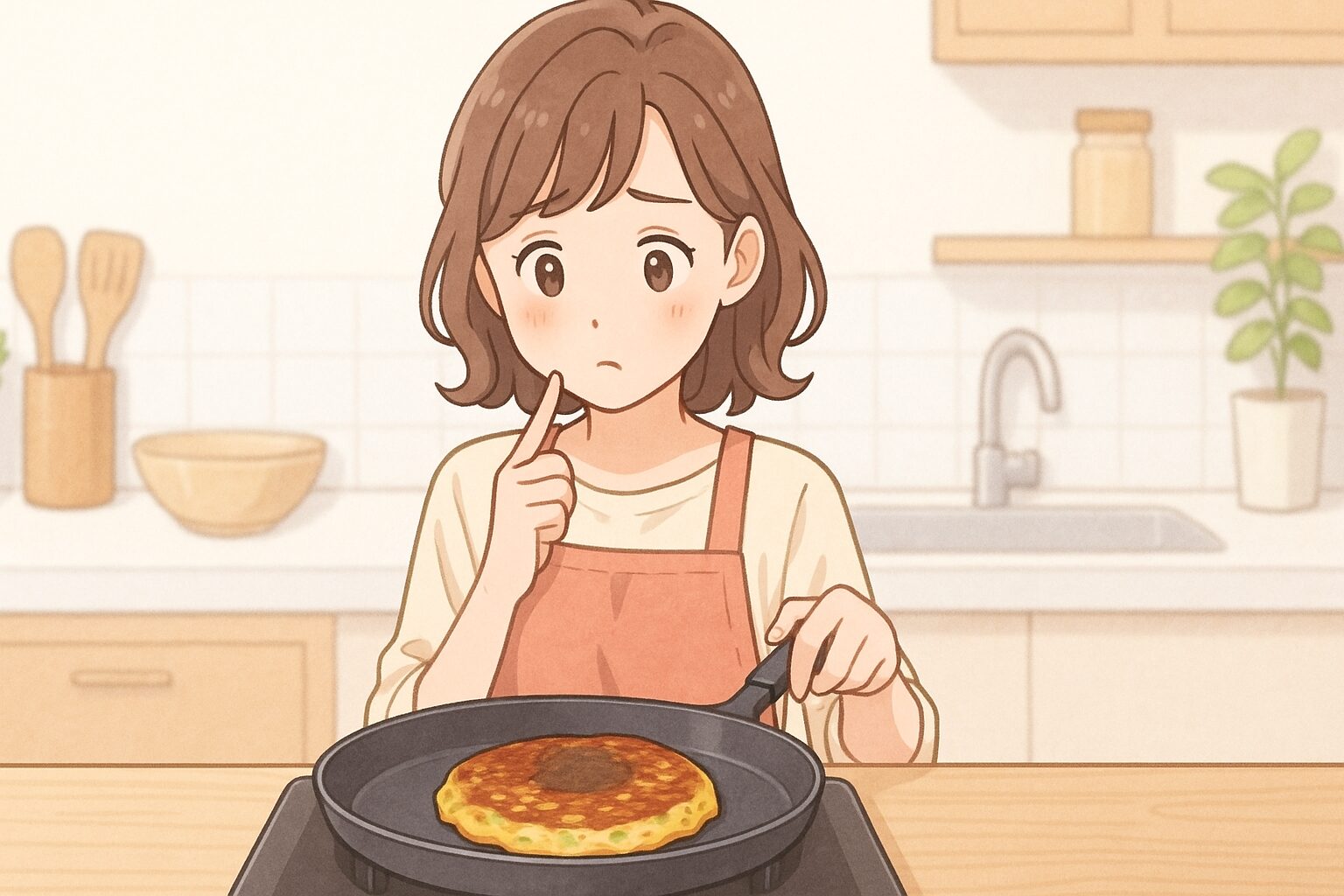 お好み焼きが生焼けなのか見分けがつかずに困っている女性