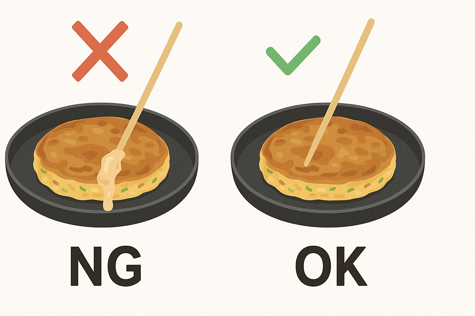 焼き加減を確認するために竹串を刺しているシーン、または焼けた部分と生焼け部分を比較した画像。