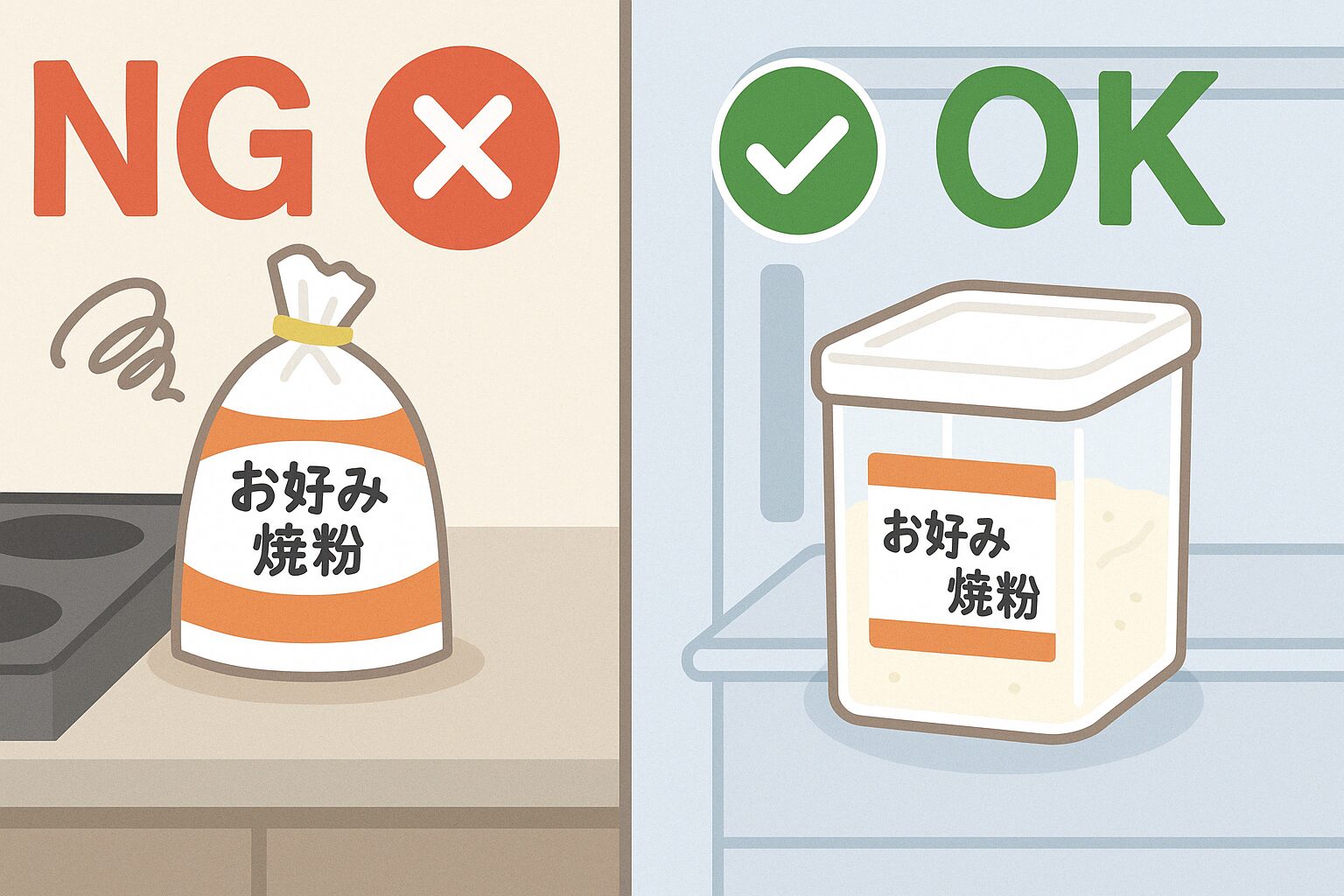 お好み焼き粉のNG保存例(輪ゴムで閉じた袋をコンロのそばに放置)と、正しい保存例(密閉容器に入れて冷蔵庫で保管)を比較したイラスト。