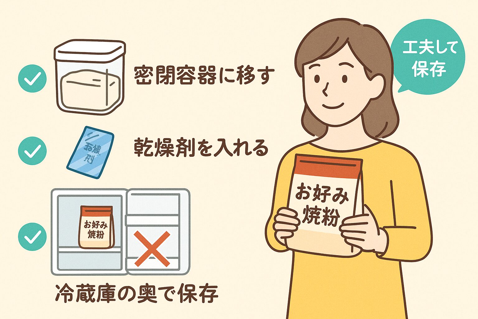 お好み焼き粉を正しく保存するためのポイントを紹介するイラスト。密閉容器に移す、乾燥剤を入れる、冷蔵庫の奥に保存するなどの工夫がチェック付きで描かれている。