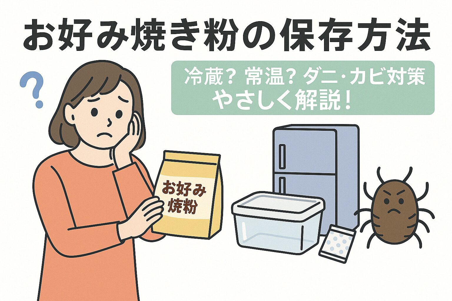 お好み焼き粉の保存方法に悩む女性と、冷蔵庫・密閉容器・乾燥剤・粉ダニのイラスト。冷蔵・常温保存やダニ・カビ対策についてやさしく解説する構成。
