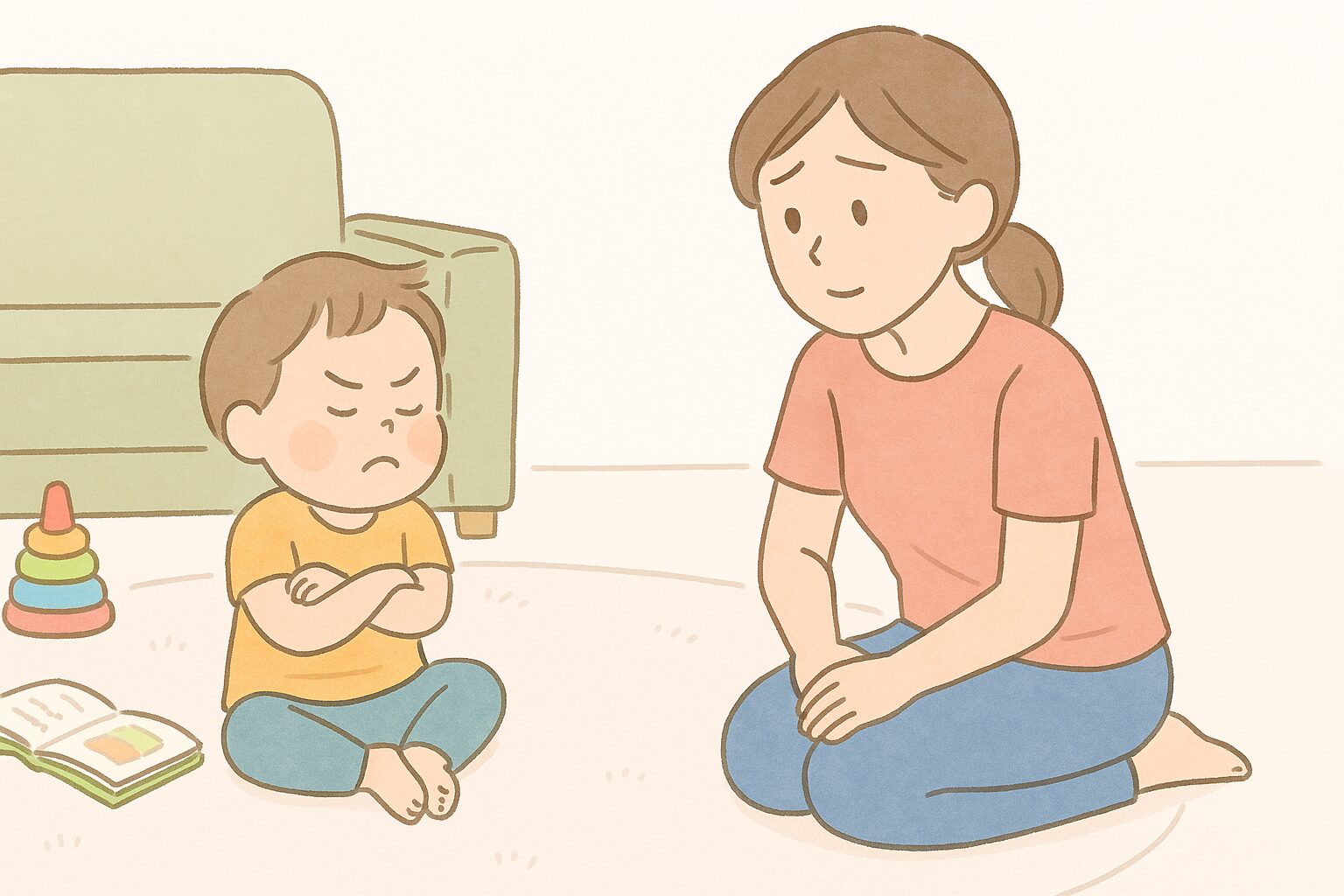 オムツ替えを嫌がってそっぽを向く2歳児と、困った表情で見守るママのイラスト
