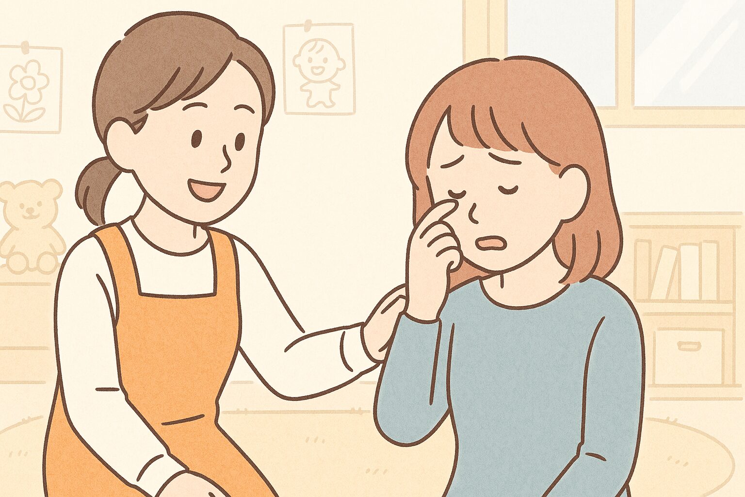 保育士がママにやさしく声をかけて励ましているイラスト