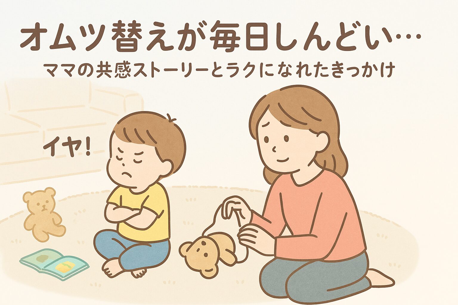 オムツ替えを嫌がってそっぽを向く子どもと、困った顔で見守る母親のイラスト