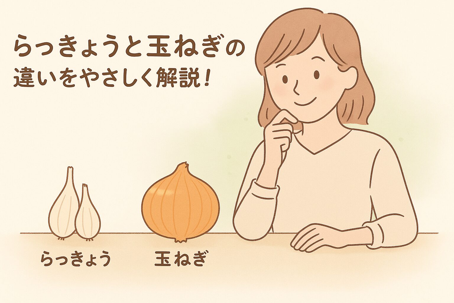 「らっきょうと玉ねぎの違いは？」らっきょうと玉ねぎを選びながら悩む女性のイラスト