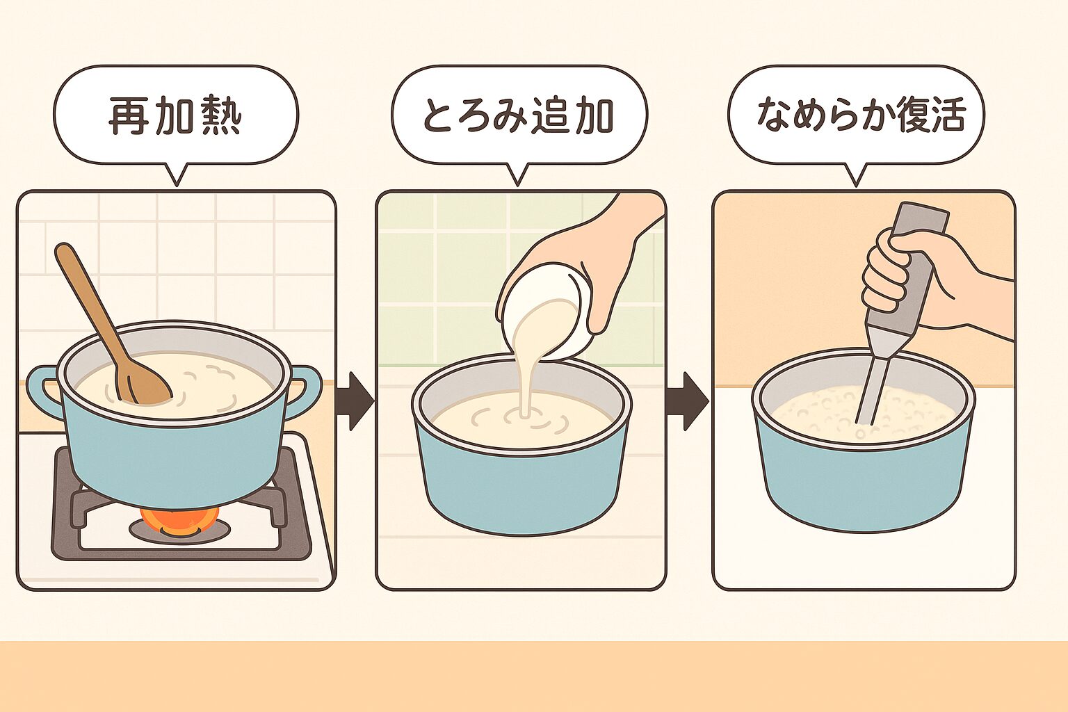 分離した豆乳を戻すための3つの方法(再加熱・とろみ追加・ブレンダー)を紹介する図解