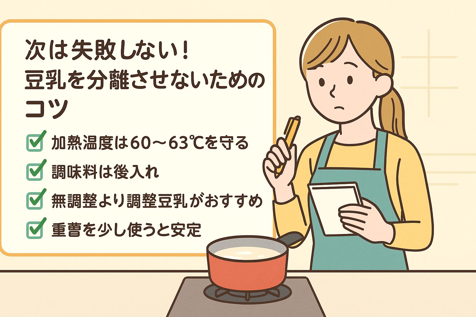 豆乳を分離させないための調理のコツ(温度管理・調味料のタイミングなど)をまとめたイラスト
