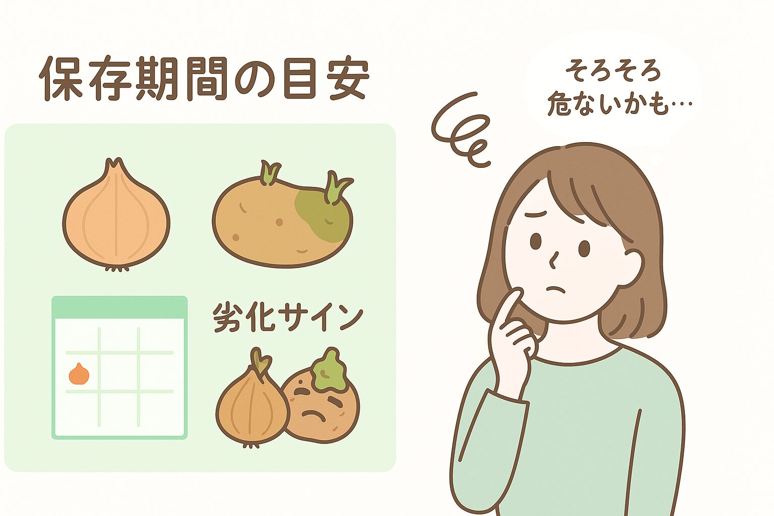 玉ねぎとじゃがいもの保存期間と劣化サインをイラストでわかりやすく示した図解