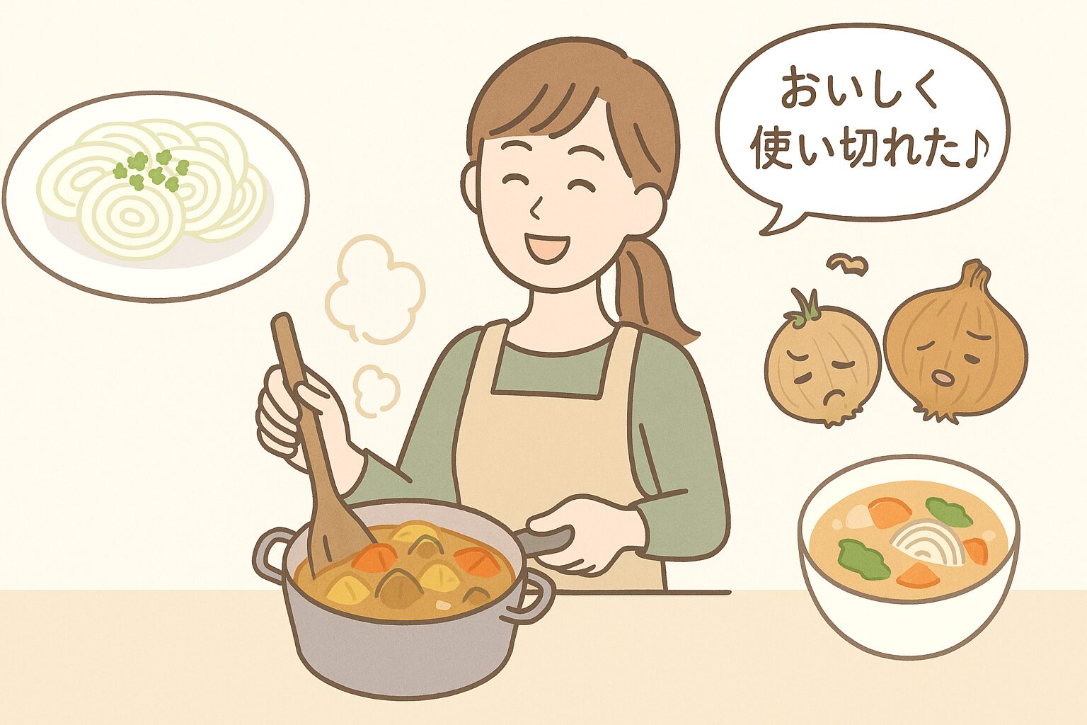 スライス玉ねぎのサラダ・カレー鍋・スープを調理する笑顔の女性のイラスト